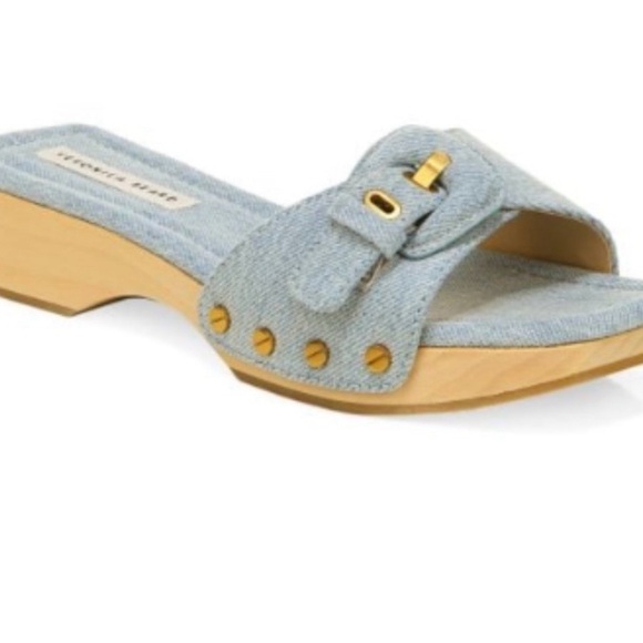 Veronica Beard Shoes - Veronica Beard Denim Mules with Wooden Heel Clog Slide Sandals Size 7 NWOT.